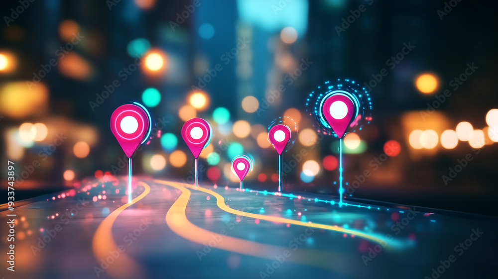Poster futuristic city navigation concept with glowing location pins on a digital map in a blurred urban ba