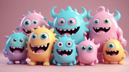Fototapeta premium Cute glossy pastel childish monsters. 3D render.