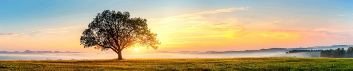 Obraz premium Serene sunrise over a vast green field with a solitary tree, painting the sky with warm hues of orange, yellow, and pink, creating a tranquil scene.
