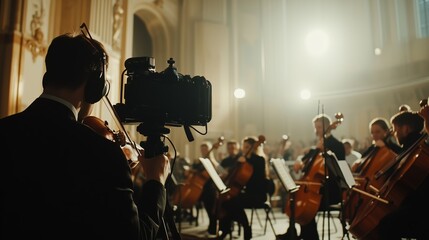 Fototapeta premium Musicians perform in a grand hall while a camera captures the orchestral concert during an evening event