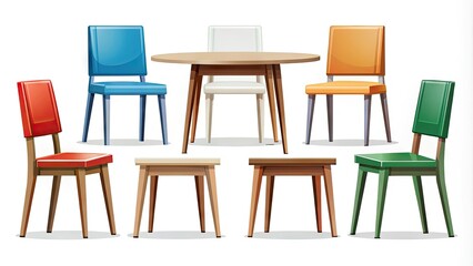 Simple, modern table and chairs icon set in various styles and colors, ideal for furniture, dining, or meeting illustrations and designs.
