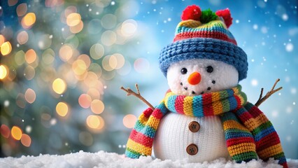 Fototapeta premium Festive Christmas snowman wearing a colorful scarf and hat, Snowman, festive, Christmas, winter, holiday, decoration