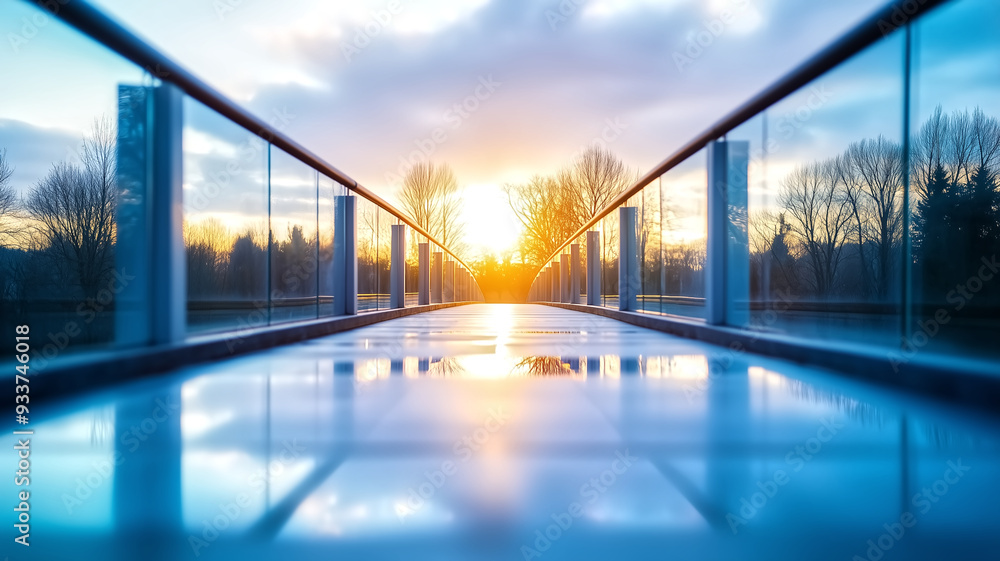Poster modern pedestrian bridge at sunset with glass railings and reflective surface in a tranquil park set