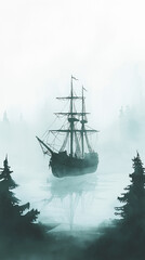 Abandoned pirate ship, haunted by spirits, eerie fog, Watercolor style