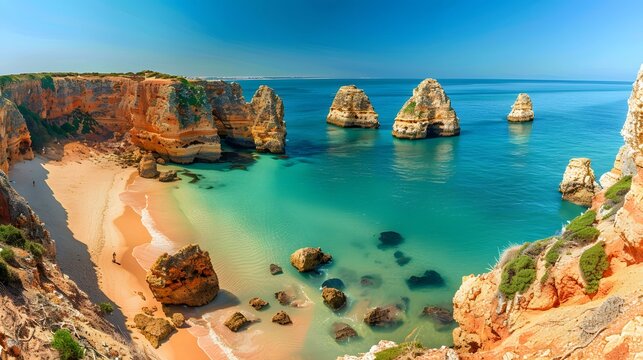 Landscape with Praia do Camilo, famous beach in Algarve, Portugal. 