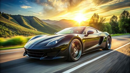 Fototapeta premium Sleek, black luxury sports car with a shiny gleaming exterior, powerful wheels, and distinctive headlights, speeding down a winding road on a sunny day.