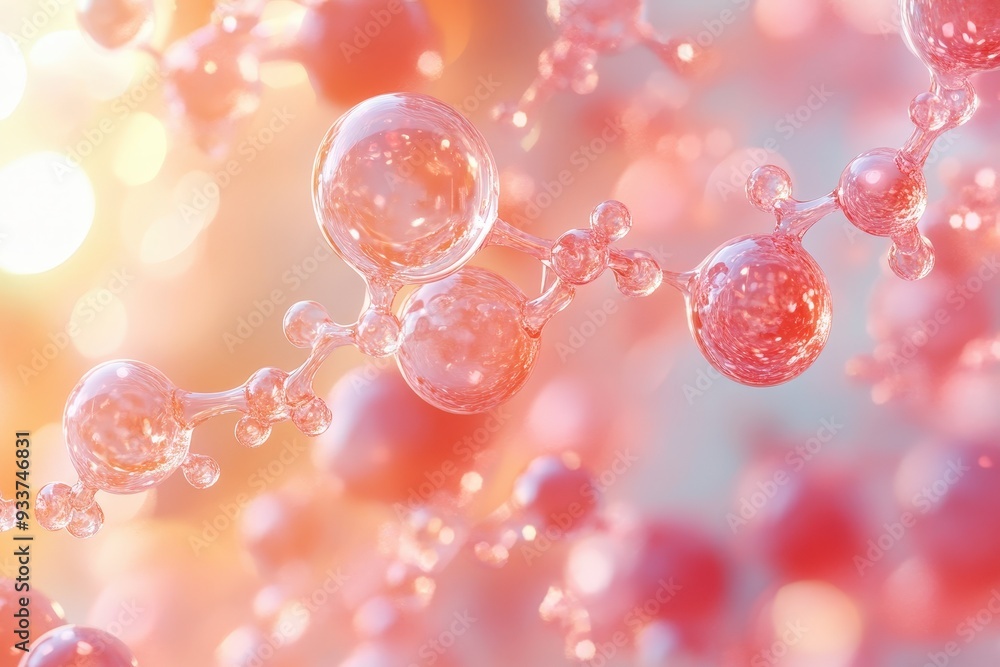 Poster molecular dawn: a mesmerizing 3d render of interconnected molecules bathed in a warm, ethereal glow,