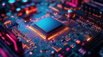 A close-up view of a modern microchip on a circuit board, showcasing vibrant colors and intricate electronic details.