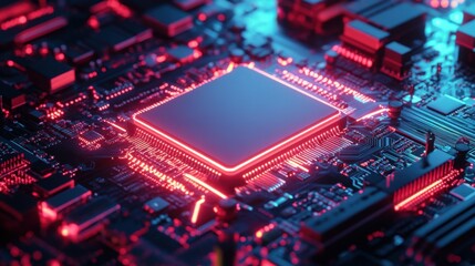 Fototapeta premium Close-up of a glowing microprocessor on a circuit board, showcasing intricate details and vibrant LED lighting.