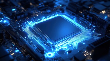 Obraz premium Close-up view of a glowing microchip on a circuit board, showcasing intricate technology and modern design.