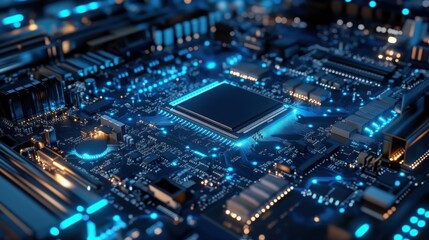 Fototapeta premium Close-up of a modern microchip on a circuit board with vibrant blue lights and intricate details, showcasing advanced technology.