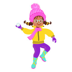 Happy girl playing snowballs. Winter outdoor activity. Child in bright winter clothes. Cartoon kid isolated on a white background. Hand-drawn flat vector illustration.