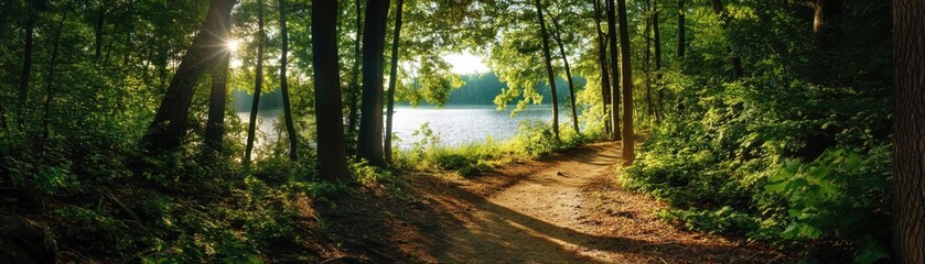 Fototapeta premium A serene forest path bathed in sunlight, leading to a calm lake. Lush greenery and tranquil nature scene.
