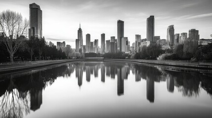 Fototapeta premium A black and white photograph of a city skyline reflected in a calm river