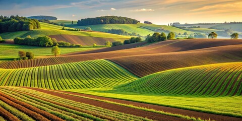Fototapeta premium Rolling hills in a farm field with rows of crops , agriculture, rural, landscape, countryside, nature, green, hilly