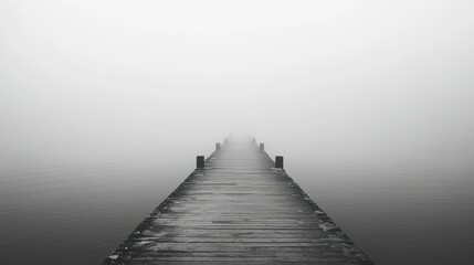 Obraz premium A black and white photograph of a foggy pier extending into the distance
