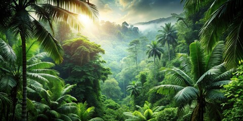 Majestic tropical jungle green forest background with depth of field, vibrant, vibrant, jungle, foliage, exotic, vibrant, depth of field, canopy, nature, growth, flora, dense