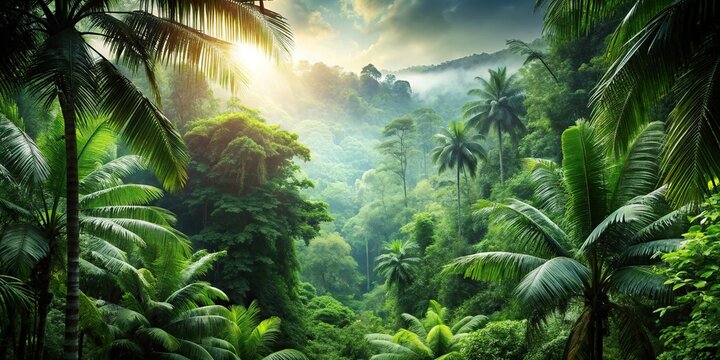 Fototapeta Majestic tropical jungle green forest background with depth of field, vibrant, vibrant, jungle, foliage, exotic, vibrant, depth of field, canopy, nature, growth, flora, dense