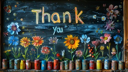 Thank You Card. Written by Chalk on the Blackboard with Flower Drawing.