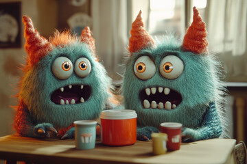 Cute Furry Monsters with Orange Horns Having Breakfast - Adorable Cartoon Creatures with Surprised Expressions