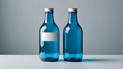 Two blue glass bottles with silver caps and blank labels on a white surface against a gray backdrop.