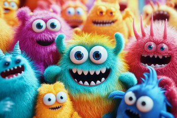 Group of Happy Colorful Furry Monsters with Big Smiles - Playful and Adorable Cartoon Creatures