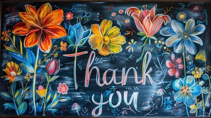 Thank You Card. Written by Chalk on the Blackboard with Flower Drawing.