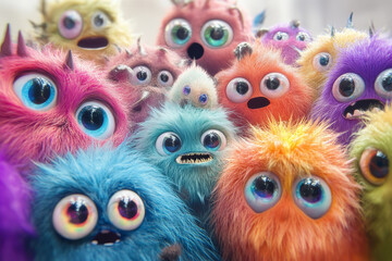 Group of Colorful Furry Monsters with Big Eyes - Adorable and Playful Cartoon Creatures
