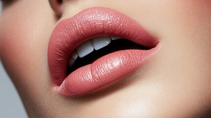 Fototapeta premium A close-up of rose-colored lipstick applied on soft, full lips, creating a flawless finish