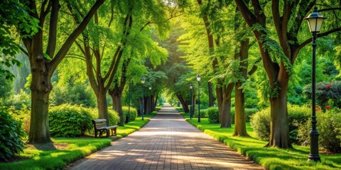 Serene alley surrounded by lush greenery in a summer park , peaceful, tranquil, nature, pathway, trees, foliage, sunlight