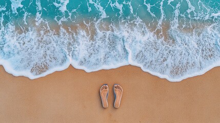 Minimalist beach shot with a bikini top and flip-flops on the sand, ocean waves gently lapping in the background, offering a relaxed vibe