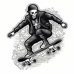 Skeleton skateboarder performing tricks on a board with dynamic motion effects