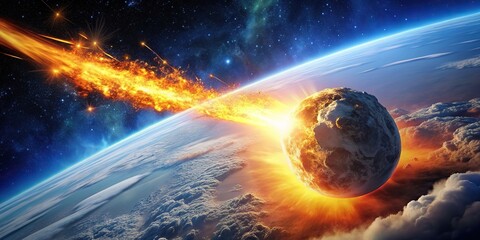 simulation, Macro, stock photo, A stock photo depicting a catastrophic meteorite impact in the galaxy Macro showcasing a fiery explosion and massive celestial debris
