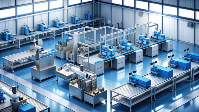 Sleek, modern pharmaceutical manufacturing facility with rows of autonomous robots, stainless steel equipment, and quality control workstations in an isometric blueprint layout.