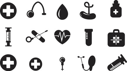 Obraz premium A simple vector icon set of health and medical symbols, including a stethoscope, pill, syringe, and heart