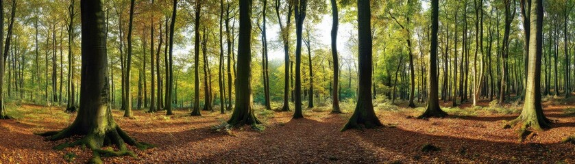 A serene autumn forest scene featuring tall trees with sunlight filtering through, creating a peaceful atmosphere.