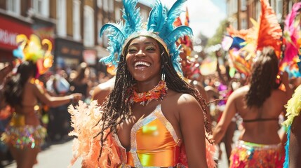 Fototapeta premium Close-Up of Performer in Vibrant Feathered Headdress at Notting Hill Carnival with Detailed Makeup and Elaborate Caribbean-Inspired Costume