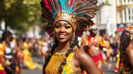 Close-Up of Performer in Vibrant Feathered Headdress at Notting Hill Carnival with Detailed Makeup and Elaborate Caribbean-Inspired Costume