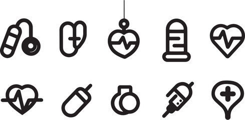 A simple vector icon set of health and medical symbols, including a stethoscope, pill, syringe, and heart