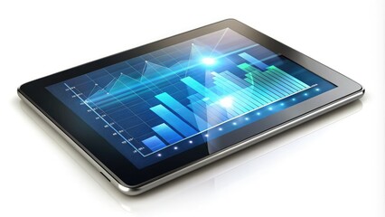 Sleek modern tablet with blank transparent screen displaying digital graphics, isolated on white background, highlighting cutting-edge technology and minimalist design.