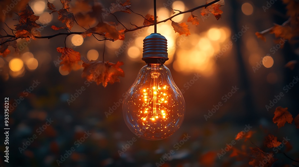 Poster a glowing light bulb hangs from a tree branch in a forest setting. the bulb is surrounded by leaves,