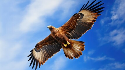 Obraz premium A golden eagle soaring against a bright blue sky, wings spread wide in flight