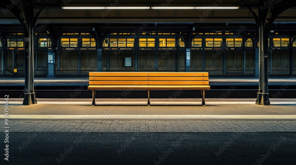 Poster a train station platform with an empty bench, waiting for the next arrival. soft lighting and ample 