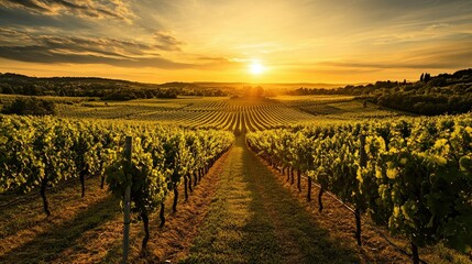 Fototapeta premium A golden sunset over a vineyard, with rows of grapevines stretching into the distance