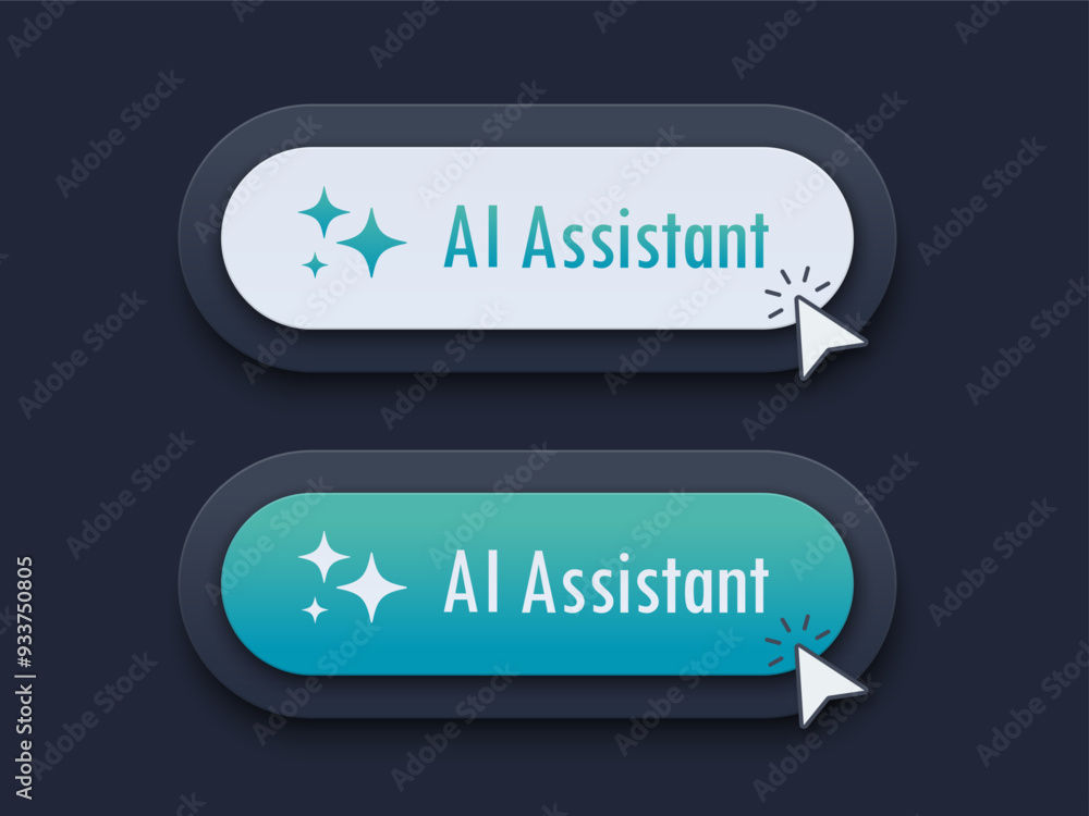 Poster Modern AI assistant Button. 3D push button. AI stars. Artificial intelligence technology concept. Chat with AI. UI UX design, Vector illustration.