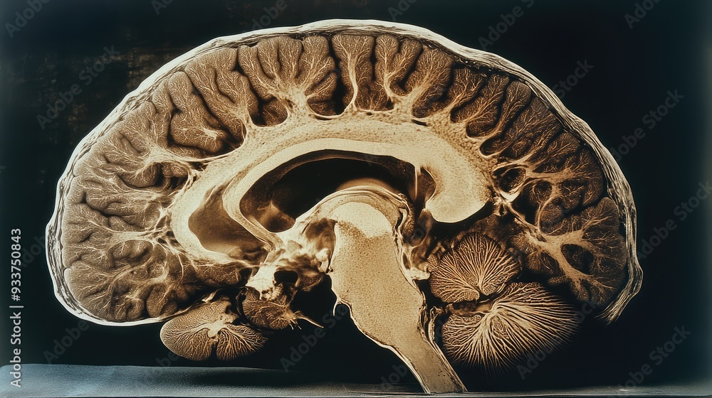 Poster close-up of a complete mri brain scan, showing detailed cross-sections. ample copy space on the righ