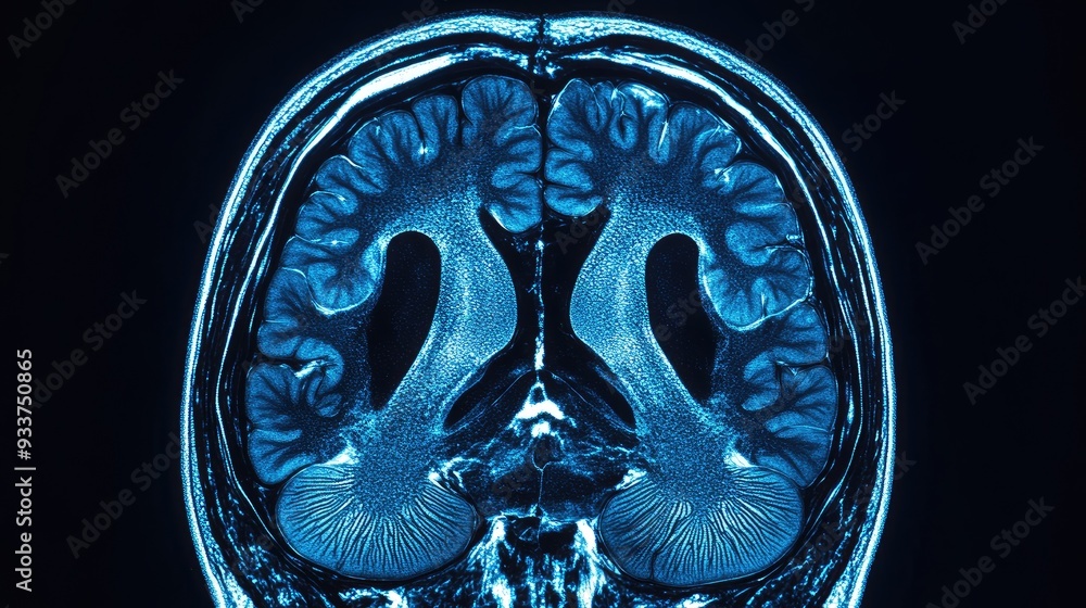 Poster close-up of a complete mri brain scan, showing detailed cross-sections. ample copy space on the righ