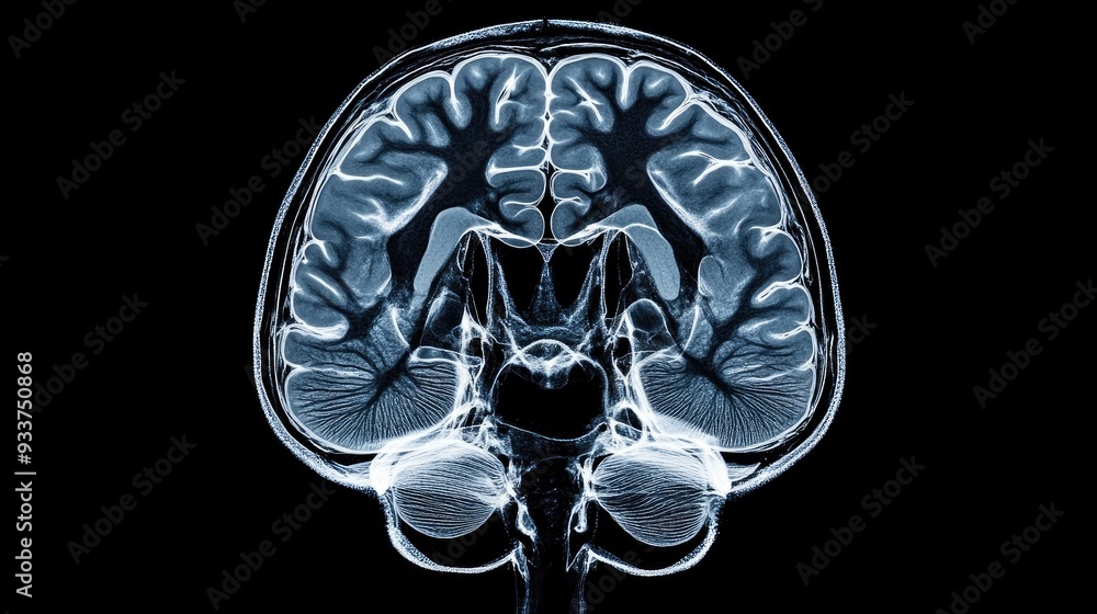 Poster close-up of a complete mri brain scan, showing detailed cross-sections. ample copy space on the righ
