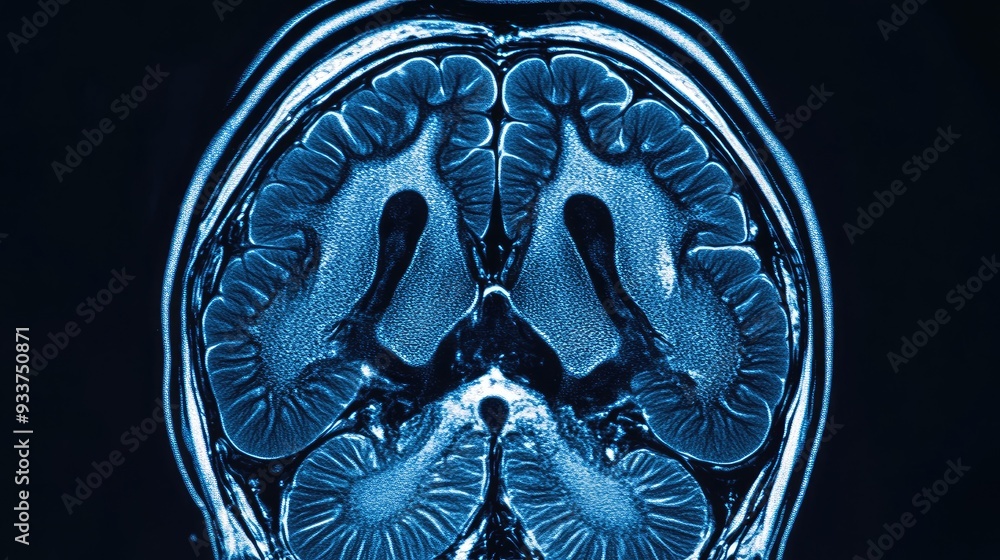Poster close-up of a complete mri brain scan, showing detailed cross-sections. ample copy space on the righ