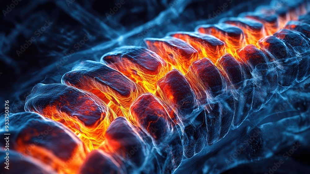 Poster close-up of a complete mri scan of the spinal cord, showing detailed sections. copy space on the rig